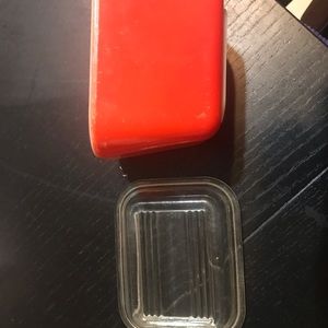 Vintage glass red Pyrex refrigerator container with lid rare find